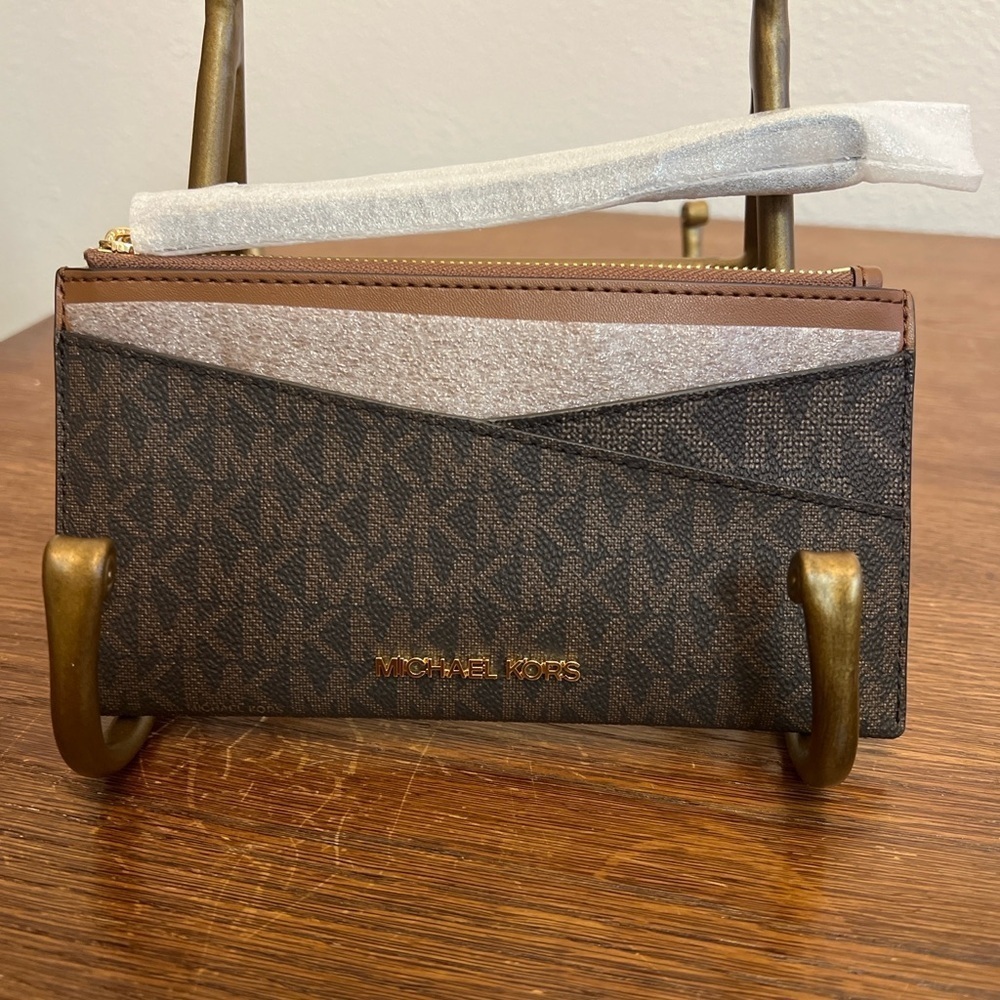 Michael Kors Jet Set Travel Med Slim Crossbody Wristlet Brown Signature Logo NWT